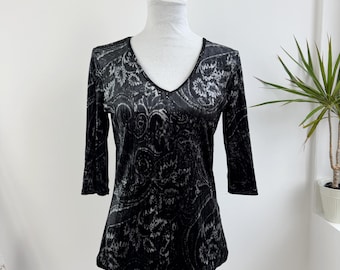 Vintage Crushed Velvet Top Size S, Black Silver Grey Paisley V-Neck Velveteen Blouse, 90s Y2K Grunge Retro Stretch Plush Tunic Shirt