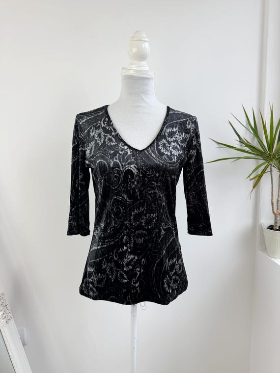 Vintage Crushed Velvet Top Size S, Black Silver Grey Paisley V-Neck Velveteen Blouse, 90s Y2K Grunge Retro Stretch Plush Tunic Shirt