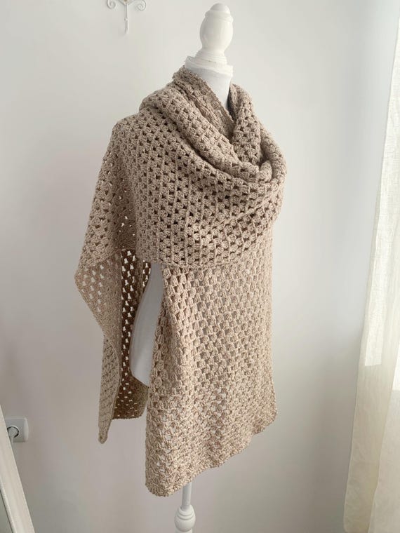 Vintage Handmade Camel Lace Crochet Shawl, Oversized Chunky Knit Wrap, Boho Festival Bulky Blanket Throw, Extra Long Wide Beige Neck Warmer