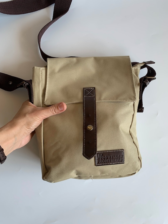 Vintage 90s Beige Brown Canvas Shoulder Bag, Light Unisex Shoulder Purse, Multipurpose Zipper Handbag, Travel Messenger Bag, Safari Bag