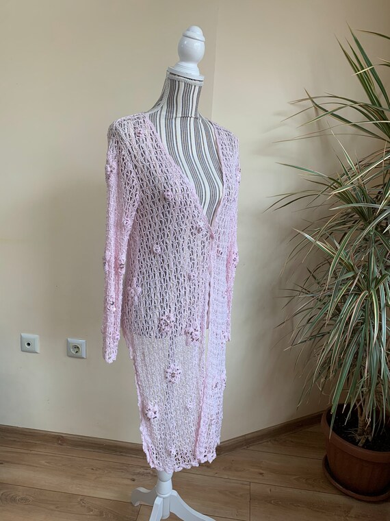 Vintage Light Pink Crochet Cardigan, Asymmetrical… - image 3