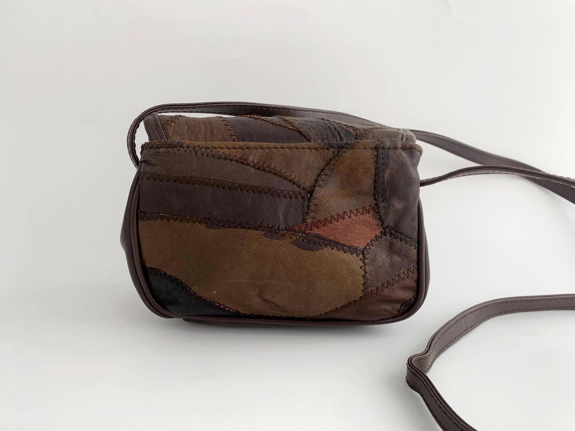 Vintage Brown Leather Satchel, Leather Patchwork Bag, Small Crossbody Bag, Real Leather Shoulder Purse, Messenger Bag for Women, 90s Handbag, foto 4 di 5