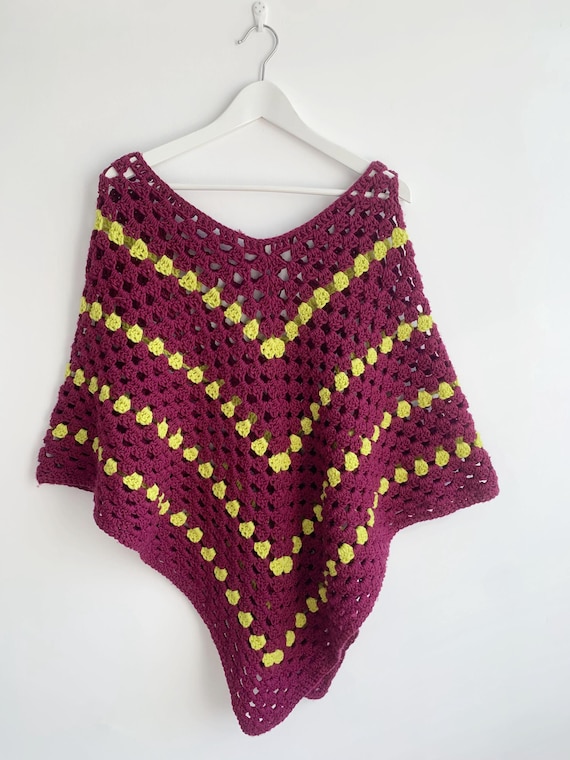 90s Boho Chunky Knit Poncho for Women, Burgundy Red Neon Yellow Lace Crochet Mesh Asymmetrical Top, Sheer Fishnet Pullover Shoulder Wrap