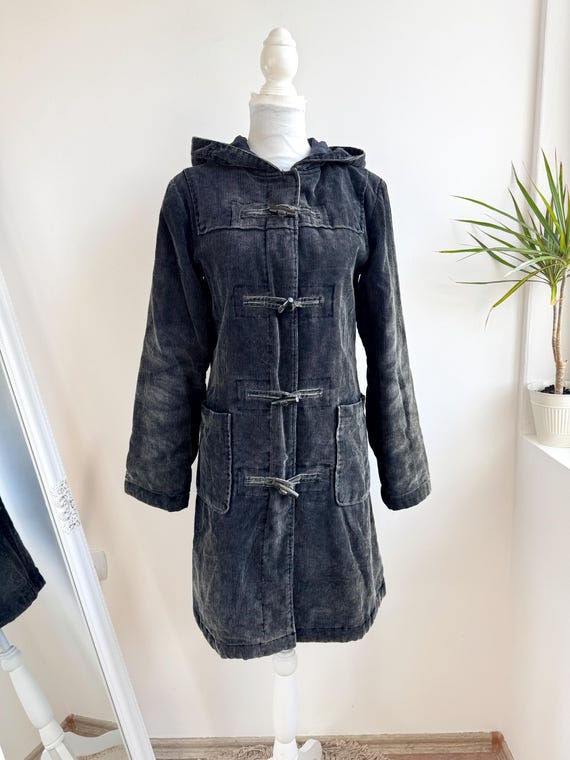Vintage Cotton Corduroy Duffle Coat Women's Size EU 34 S, Faded Black Charcoal Grey Hooded 90s Grunge Toggle Jacket, Long Thin Cord Parka