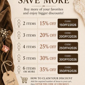 May include: A promotional graphic titled LOVE MORE, SAVE MORE listing discount codes for multiple items: 2 items for 15% off with code 15OFF22026, 3 for 20% off with 20OFF32026, 4 for 25% off with 25OFF42026, 5 for 30% off with 30OFF52026, and 6+ for 35% off with 35OFF62026.