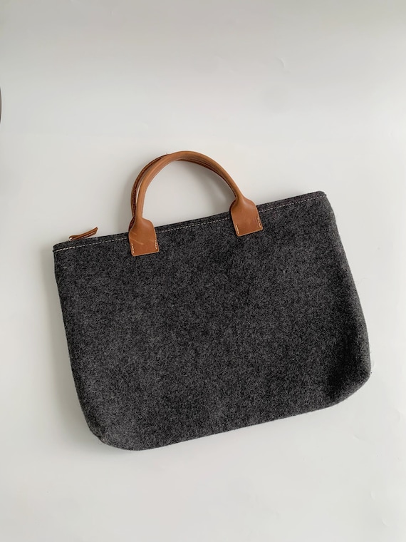 Grey Felted Wool Bag With Leather Handles, Slim Attache Bag, Grey Portfolio Case, Fabric Laptop Bag, Document Case, A4 Folder File Organizer