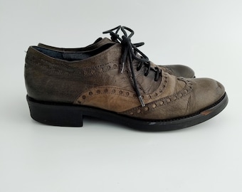 Taupe Brown Olive Green Leather Oxford Shoes for Women Size 39 UK 5.5 US 7.5, Lace Up Brogues, Vintage 90s Tie Up Spectators, Wingtip Flats