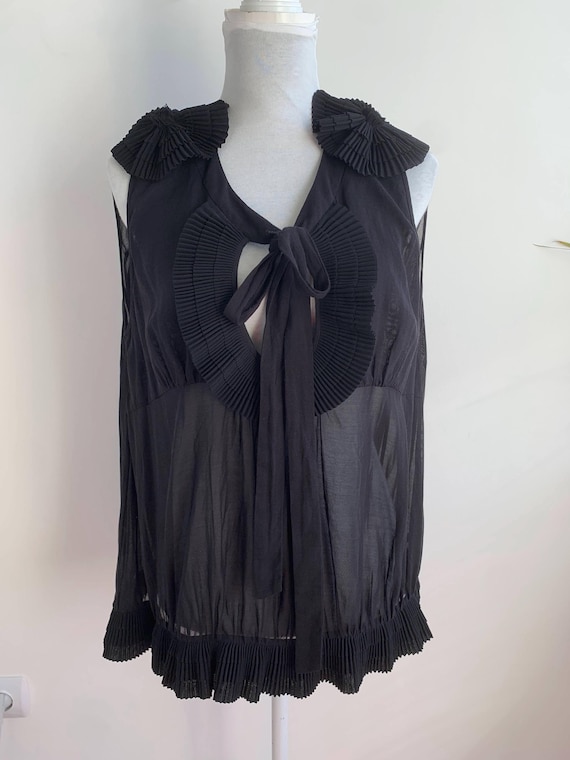 By Malene Birger Vintage Black Pleated Blouse Size L, Designer Goth Top, Coquette Chic Ruffled Blouse, Y2K Tie Up Jabot Pleats Grunge Shirt