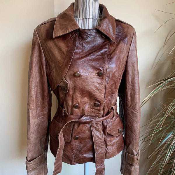 Vintage Brown Leather Jacket for Women Size M, Double Breasted Genuine Leather Blazer, Short Trench Coat, Boho Distressed Leather Blazer