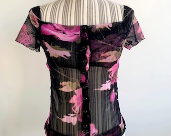 Vintage 90s Floral Sheer Tulle Blouse for Women Size XS S, Square Neck Cap Sleeve Black Hot Pink Overlay Top, Mesh Off The Shoulder Shirt