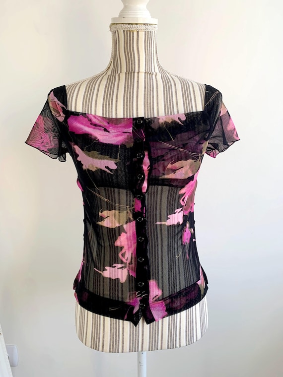 Vintage 90s Floral Sheer Tulle Blouse for Women Size XS S, Square Neck Cap  Sleeve Black Hot Pink Overlay Top, Mesh Off The Shoulder Shirt