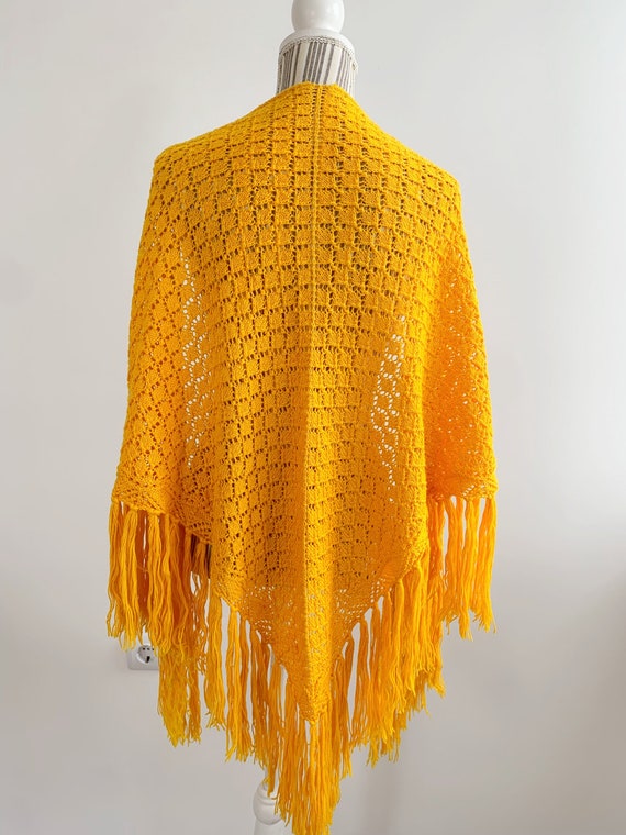 Yellow Knitted Lace Shawl with Tassels, Vintage Handmade Fringed Triangle Scarf, Sheer Mech Shoulder Wrap, See Through Cape, Boho Cover Up