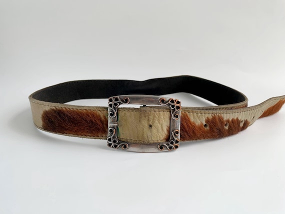 Vintage Cowhide Hair-on-Leather Belt Ornate Western Buckle Boho Southwestern Fur Waist Belt, Rustic Aesthetic Cowgirl Leather Accessory
