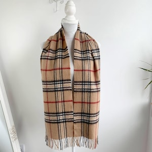 Vintage 90s Camel Checkered Scarf, Warm Wool Scarf for Men or Women, Soft Fluffy Check Scarf, Beige Black Red Plaid Neck Scarf, Gift for Her