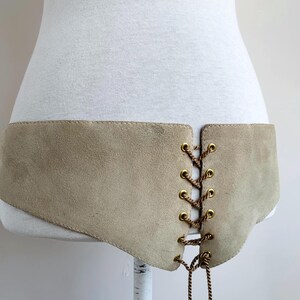 Vintage Grey Beige Soft Real Suede Leather Belt for Women, Austrian Wide Lace Up Obi Belt, Retro Tie Front Underbust Renaissance Corset Belt