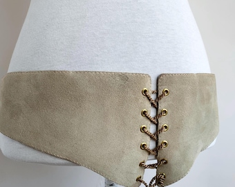Cintura vintage in vera pelle scamosciata grigia e beige per donna, cintura Obi austriaca con lacci larghi, cintura corsetto rinascimentale sottoseno con laccio anteriore retrò