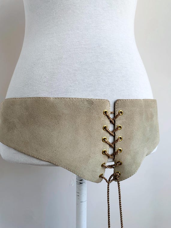 Vintage Grey Beige Soft Real Suede Leather Belt for Women, Austrian Wide Lace Up Obi Belt, Retro Tie Front Underbust Renaissance Corset Belt