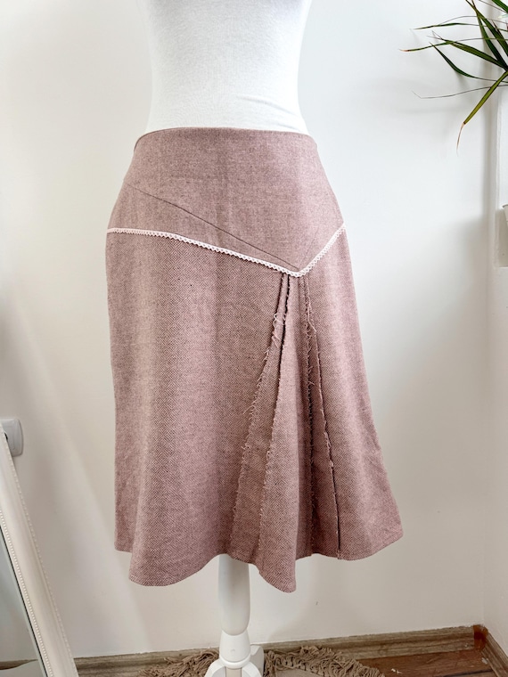 Vintage Malou Sander Wool Skirt Made in EU Size 38 M, Light Brown Pale Pink A-Line Asymmetric Midi Skirt, Fall Winter Academia Tweed Skirt