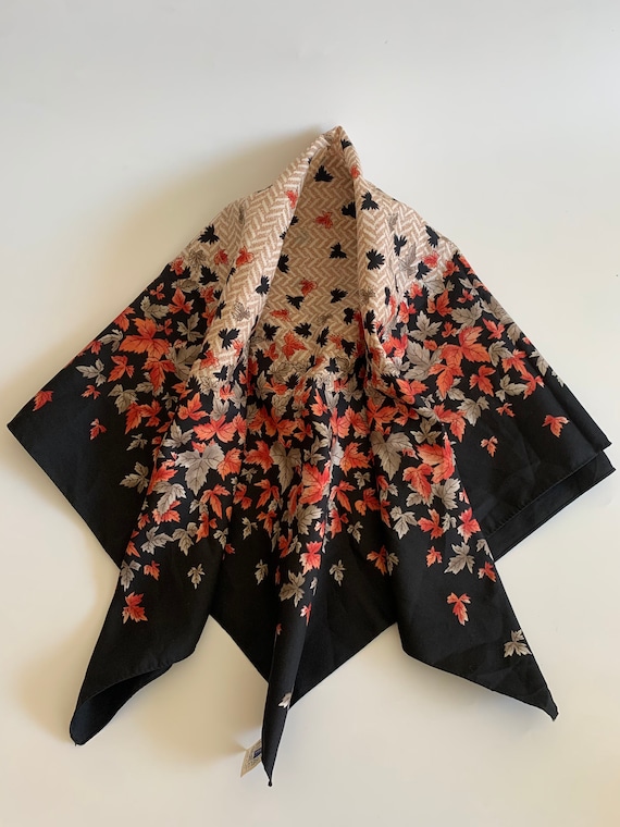Autumn Leaves Polyester Scarf for Women, Vintage Square Neck Scarf in Red and Black, 80s Fashion Accessory, Nature Inspired Shoulder Scarf