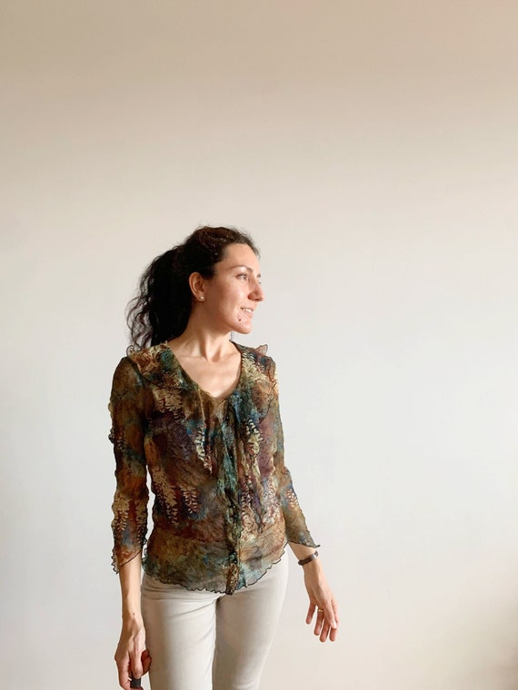 Vintage Sheer Tulle Blouse for Women Size M, Brown Green Ruffled V Neck Overlay Top, See Through Mesh Top, Flare Sleeve Transparent Shirt