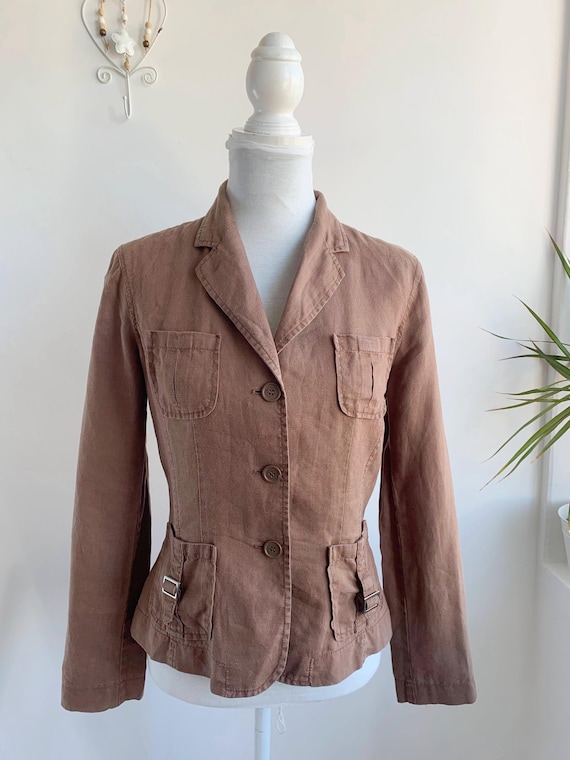 Vintage Taupe Brown Linen Blazer Jacket Size 38 M, Pure Linen Blazer for Women, 3/4 Sleeve Short Linen Coat, Linen Kimono Jacket, Linen Top