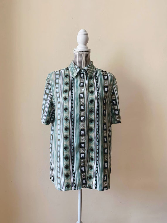 Vintage 90s Tribal Aztec Print Shirt for Women Size L, Boyfriend Style Relaxed Fit Button Up Top, Boho Hippie Southwest Teal Khaki Blouse