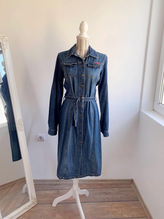 Vintage ONLY Jeanswear Denim Maxi Dress Size M, Y2K Blue Detective Jean Jacket, Long Utility Trenchcoat, Cotton Outwerwear Belted Coat