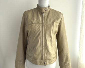 Vintage Tan Leather Jacket Size S/M, Y2K Cropped Biker Coat, Beige Minimalist Racer Jacket, Soft Leather Motorcycle Style 2000s Outerwear