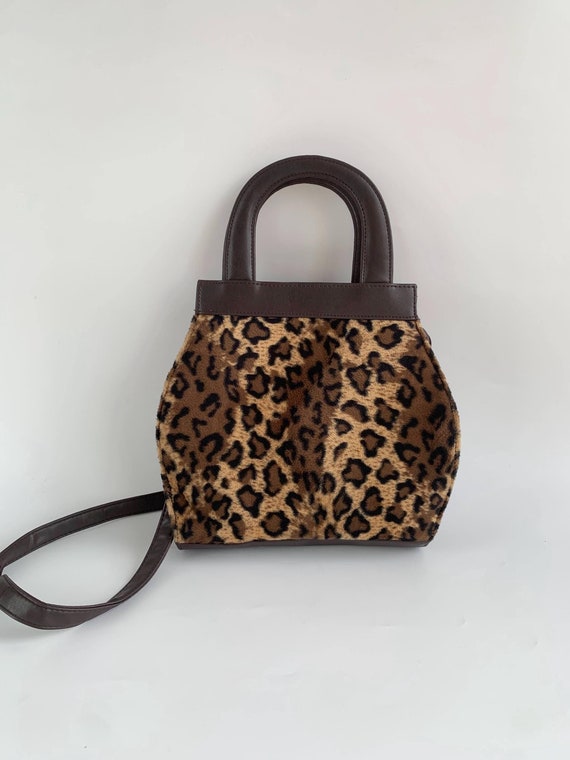 Vintage 90s David Jones Leopard Print Bag, Structured Vegan Zip Up Handbag, Bold Funky Shoulder Purse with Top Double Handle and Long Strap