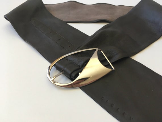 Vintage Brown Wide Waist Belt for Women by Sisley, Soft Leather Waist Belt with Silver Buckle, Genuine Leather Wrap Belt, Waist Cincher