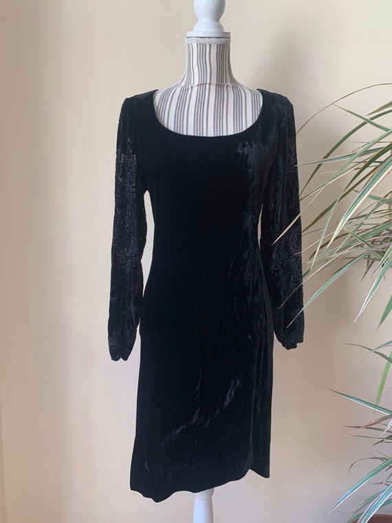 Vintage MANI Velvet Midi Dress Size S, Asymmetrical Black Velvet Dress, Lace Burn Out Velvet Dress, Long Sleeve Evening Gown, Cocktail Dress