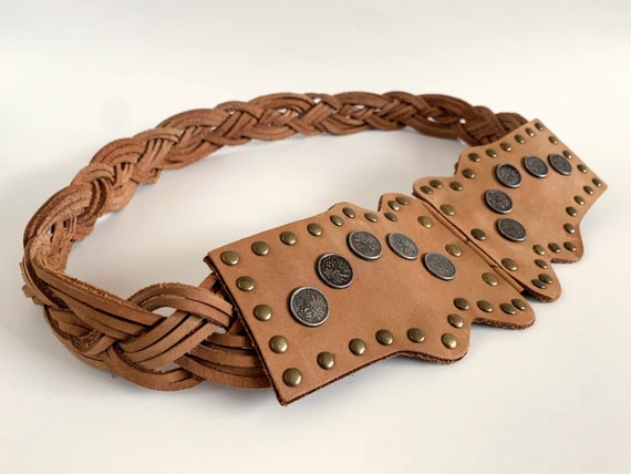 Vintage Faux Leather Corset Belt, Vegan Leather Wide Corset Belt, Boho Woven Hip Belt, Braided Studded Belt, Jewelled Belt, Camel Waist Belt