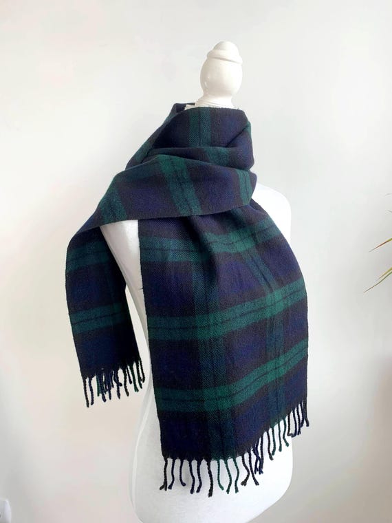 Vintage Wool Neck Scarf for Men Or Women With Retro Plaid Print in Green and Dark Navy Blue, Winter Fashion Accessory Sustainable Gift