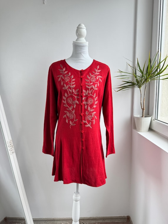 Vintage Red Embroidered Tunic Top, Linen Viscose Cotton Button Front Boho Blouse, Floral Folk Embroidery Kaftan Shirt by Lindex Size M L