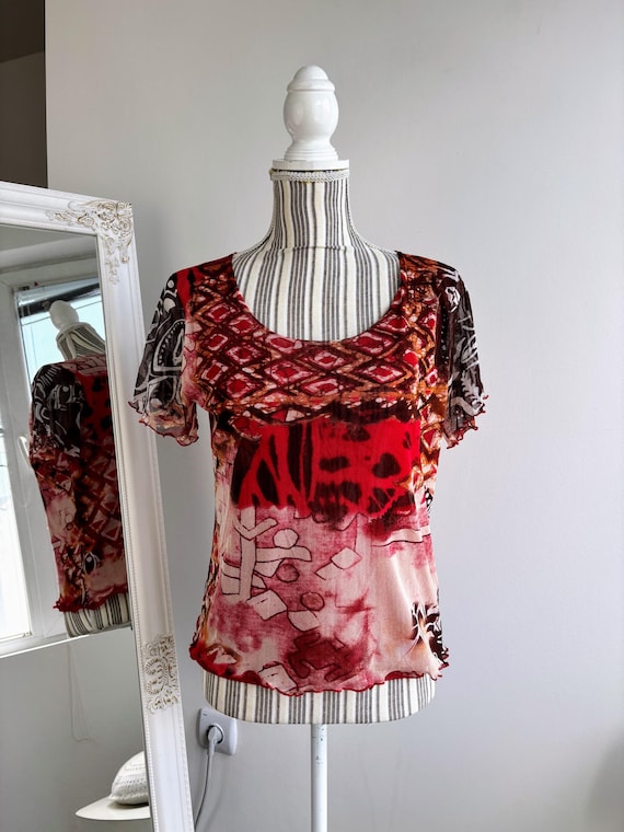 Vintage 90 Sheer Tulle Top Size M, Red Pink Brown Mesh Shirt, Abstract Boho Fairy Grunge Blouse, Short Sleeve See Through Summer Chiffon Top