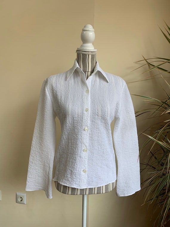 Vintage 80s Crinkle Button Down Shirt for Women, Textured