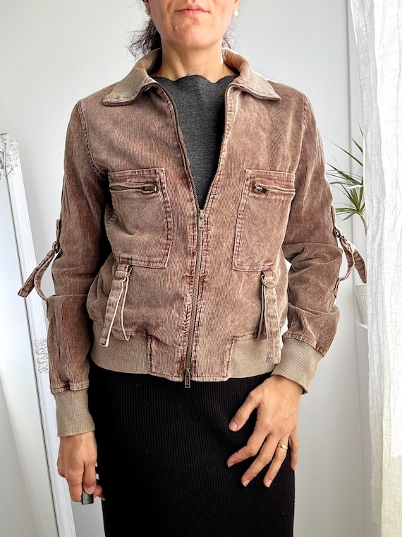 Vintage Brown Corduroy Utility Bomber Jacket, Distressed Cargo Zip Up Crop Coat, 90s Streetwear Aesthetic Gorpcore Cotton Outerwear Size S