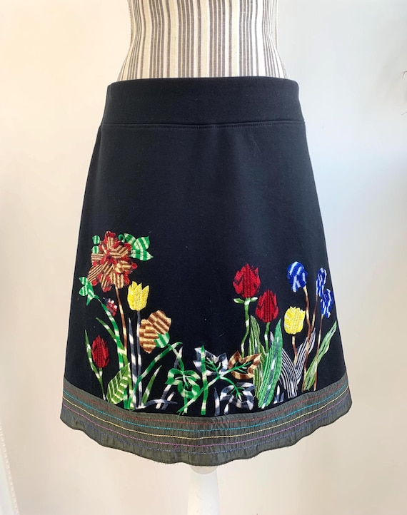 Vintage Y2K DESIGUAL Embroidery Skirt Size M, Black Floral Boho Skirt, Short Stretchy A Line Grunge Skirt, Cotton Elastic Waist Mini Skirt