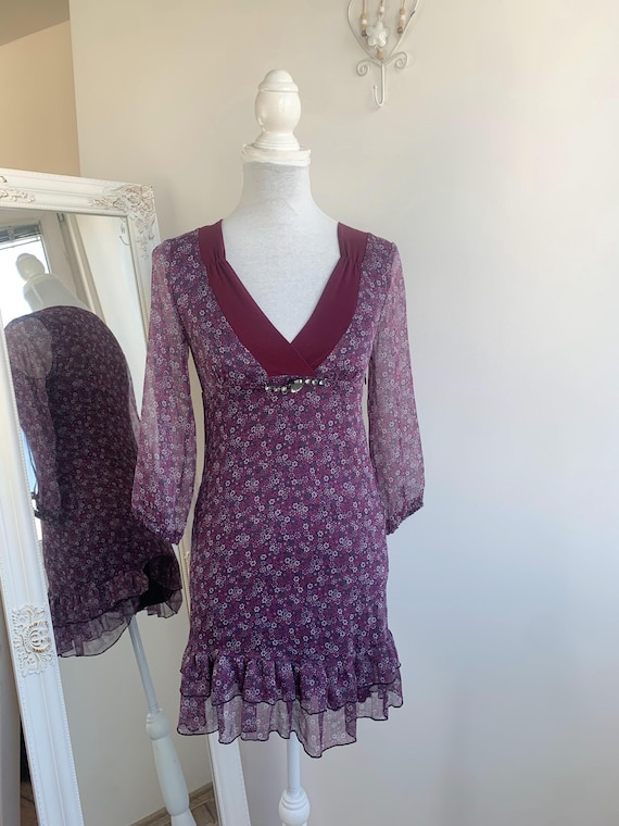 Vintage 2000s Motivi Floral Dress Size XS, Y2K Sheer Chiffon Mini Dress with Rhinestones, Boho Fairycore Hippie Ruffle Dress, Made in Italy