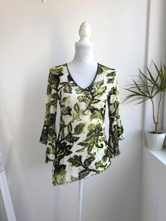 Y2K Bell Sleeve Top, Green Paisley Floral Tunic, Boho Asymmetric Blouse, Vintage 2000s Sheer Women Shirt, V Neck Mesh Stretch Top Size S M