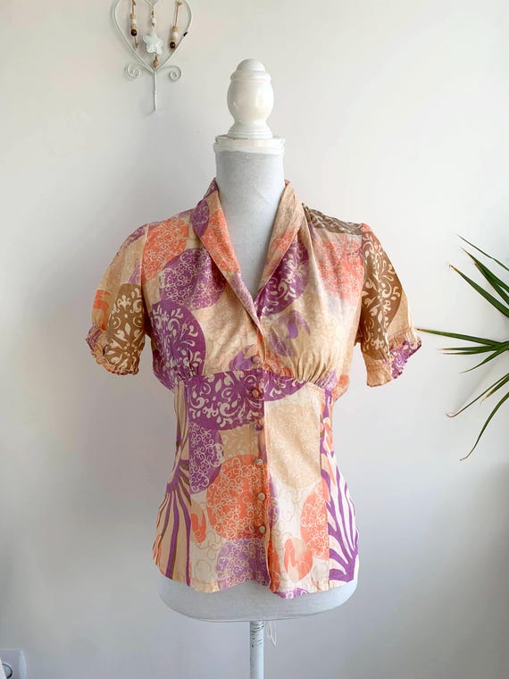 Vintage Y2K St. Martins Silk Cotton Blouse Size S, Colorful Abstract Print Top, Retro Short Sleeve Button-Up Shirt in Purple Orange Cream