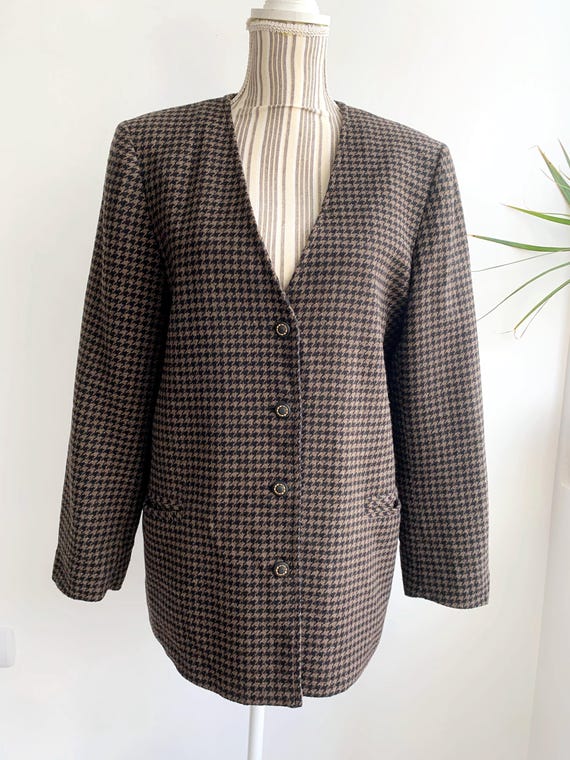 Vintage 80s Office Blazer For Women Size L, Taupe Camel Brown Black Houndstooth Wool Collarless Blazer, Vintage Tweed Blazer With Pockets