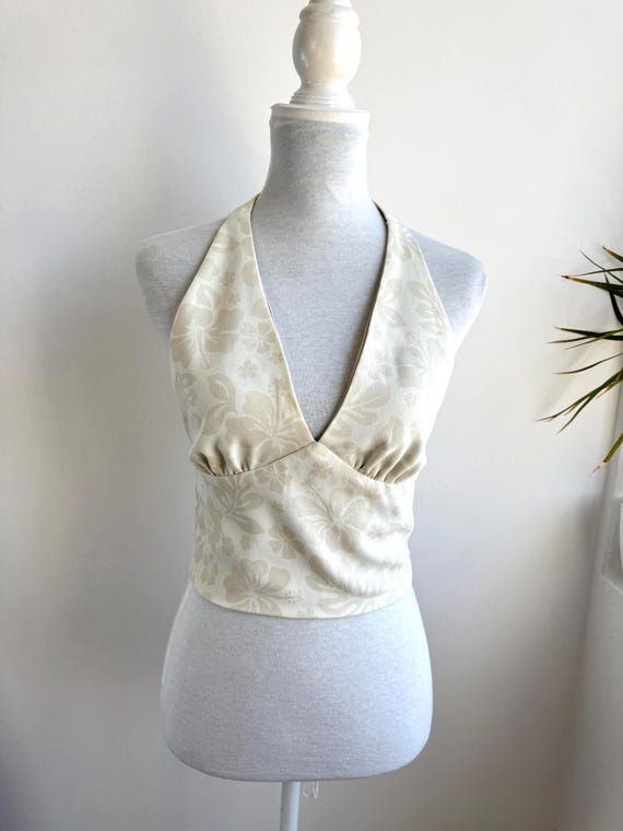 Vintage Y2K Reversible Halter Top Beige Cream Floral Print, Two Way Backless Tie Neck Coquette Crop Top Double Sided Open Back Blouse Size S