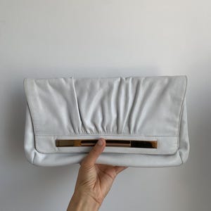 Vintage 80s White Leather Envelope Clutch, Gold Bar Slim Wallet Purse, Soft Real Leather Retro Underarm Handbag, Pleated Medium Size Bag