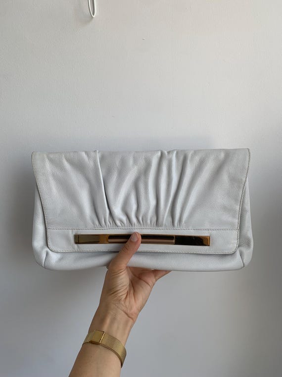 Vintage 80s White Leather Envelope Clutch, Gold Bar Slim Wallet Purse, Soft Real Leather Retro Underarm Handbag, Pleated Medium Size Bag