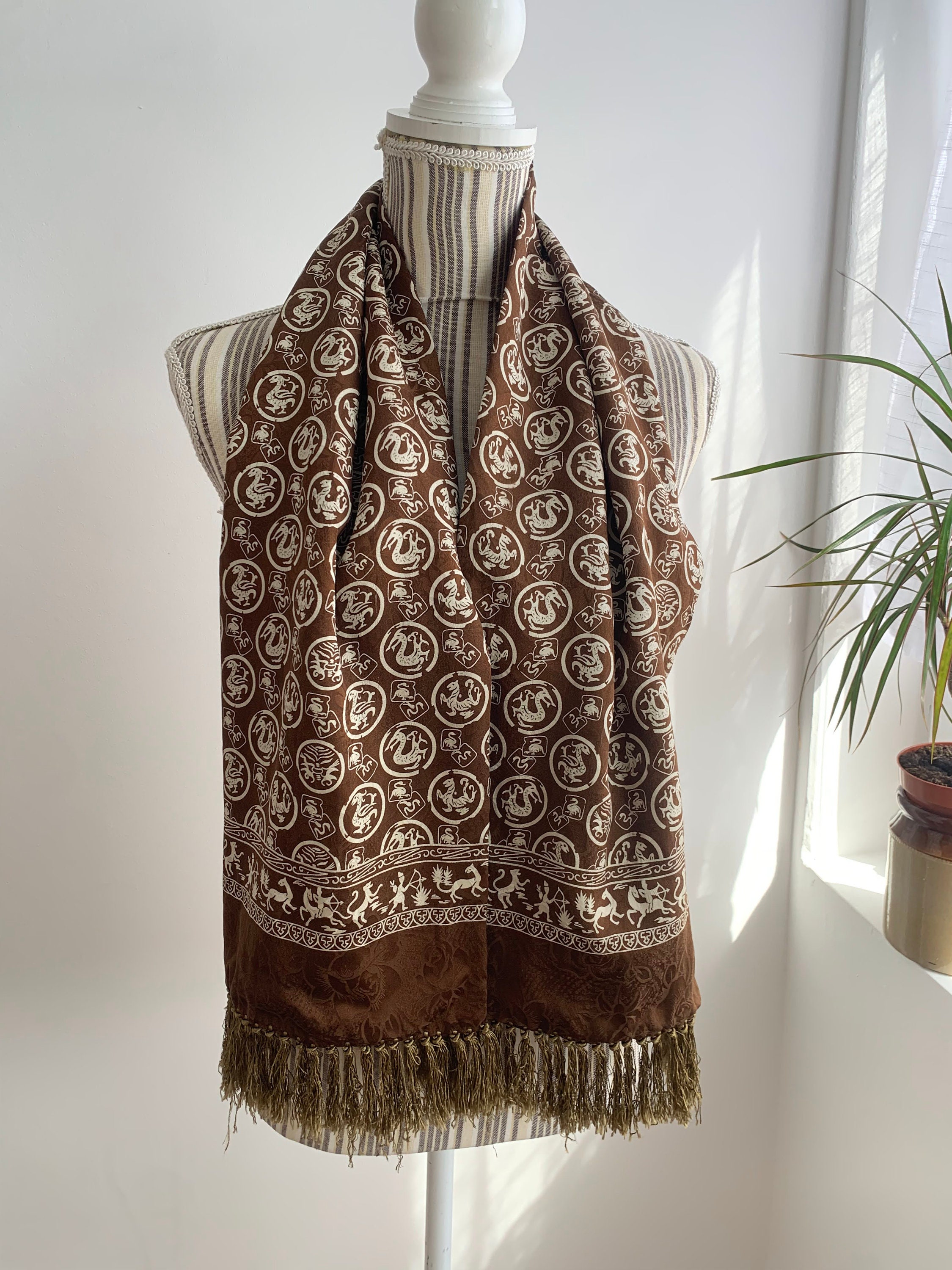 Vintage Brown Silk Scarf With Wool Lining, Unisex Double Sided