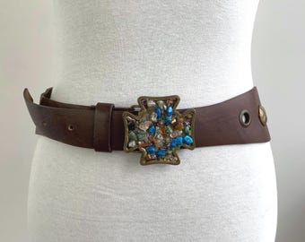 Vintage Lion Brass Heavy Metal Head Leather Belt Rare Punk  display picture 1