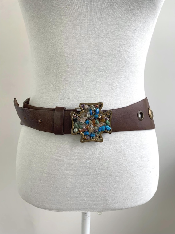 Vintage Brown Leather Belt with Cross Buckle, Studded Western Belt, Large Gemstone Mosaic Buckle, Boho Rocker Belt, Wide Adjustable Hip Belt