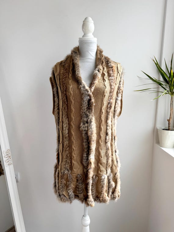 Y2K Real Rabbit Fur Knit Vest, Boho Chic Longline Cardigan, Camel Beige Cable Knit Sleeveless Sweater, Festival Women Gilet Vintage Knitwear
