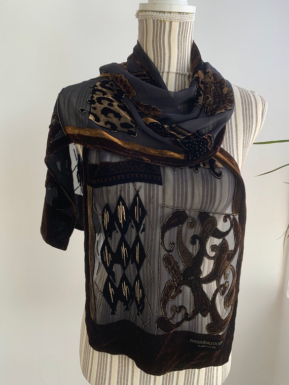 Vintage Brown Gold Silk Velvet Scarf, Oblong Copper Bronze Burnout Velvet Scarf, Elegant Evening Devore Shawl, Cut Velvet Paisley Neck Scarf